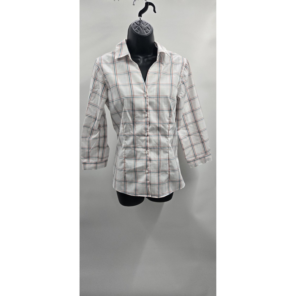 Orvis Women's Button Down Shirt Coral Teal Plaid‎ Size 8 100% Cotton